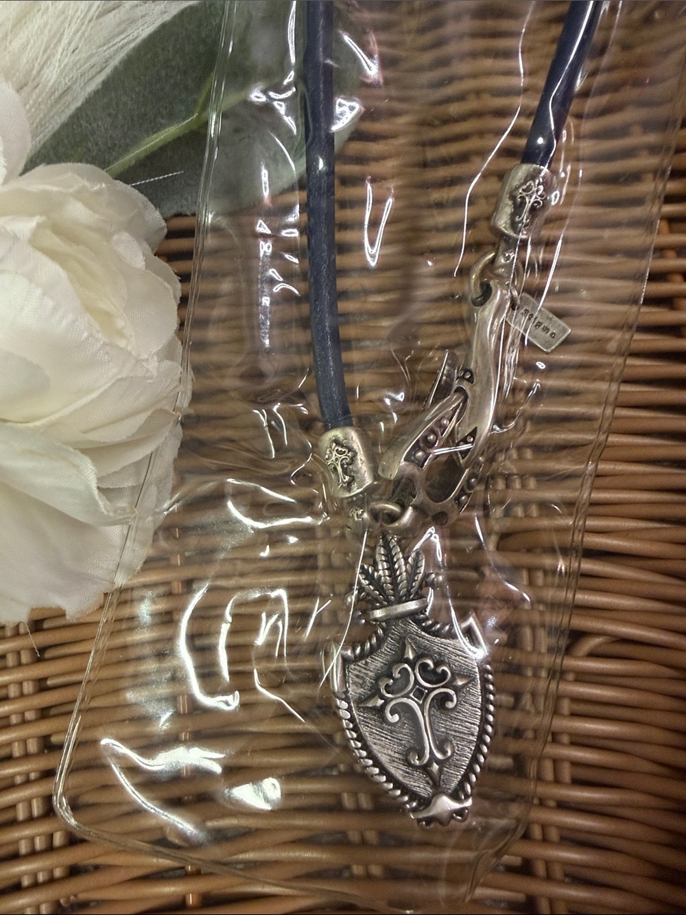 BLACK AND SILVER NECKLACE WITH CROSS CHARM & CLASP - NWT